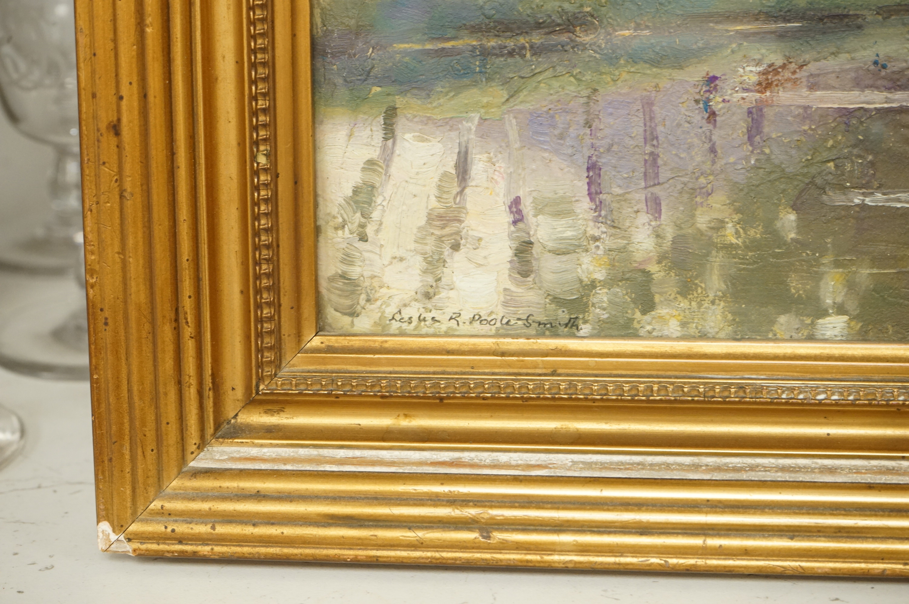 Leslie Poole-Smith (19th / 20th. C), 'French Shady River', signed, impressionist oil on board, 20 x 26cm, gilt framed